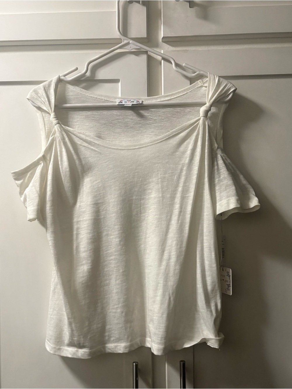 NEW Poof White Cold-Shoulder Knot-Sleeve Top